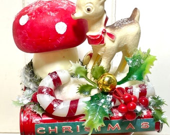 Altered Tin w/ Rudolph Mica Mercury Glass  Vintage Christmas Decor Candy Cane & Mushroom