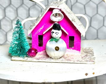 Hot Pink Vintage Putz House Christmas Decor Mica Snow Mercury Spun Cotton Satin Snowman