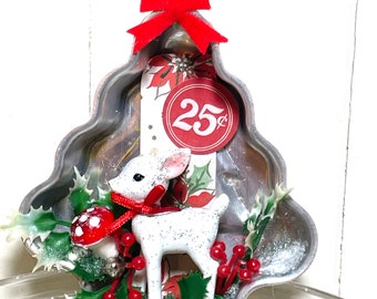 Altered Vintage Tree Tart Tin Ornament w/ Vintage White Deer & Holly Ornament~Homespun