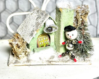 Small Jadite Green Vintage Putz House Christmas Decor Mica Snow Mercury Glass Elf