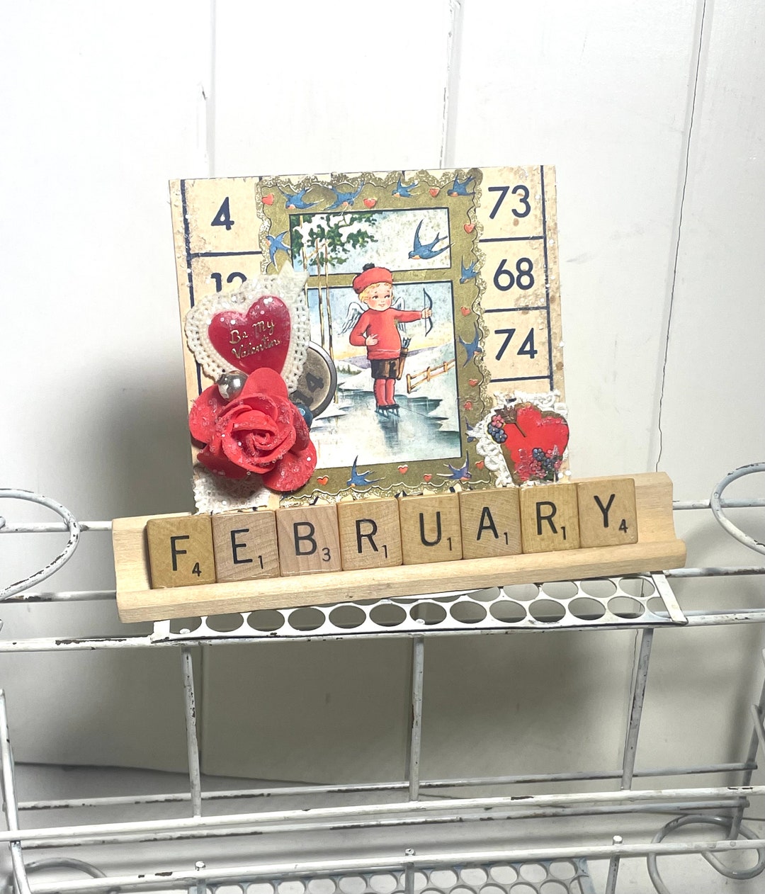 Handmade Altered Scrabble Tiles Spelling FEBRUARY Vintage Valentine