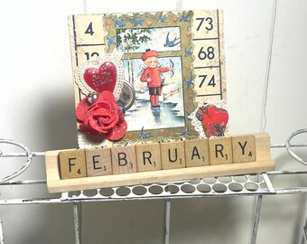 Handmade Altered Scrabble Tiles Spelling FEBRUARY Vintage Valentine Decor Homespun Shelf Sitter