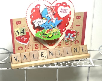 Handmade Altered Scrabble Tiles Spelling VALENTINE Vintage Decor Homespun Shelf Sitter