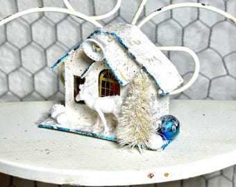 Vintage Putz House Christmas Decor Mica Snow Mercury Glass & Deer