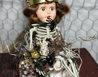 Viñeta espeluznante de muñeco esqueleto de Halloween, decoración vintage reutilizada