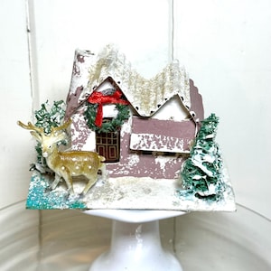 Vintage Putz House Cabin w/ Deer Christmas Decor Mica Snow