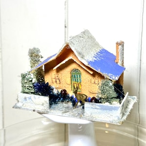Vintage Putz House Cabin w/ Tiny Gold Deer Christmas Decor Mica Snow