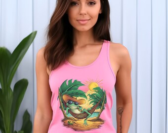 Funny Frog Shirt, Tropical Summer Tank Top, Beach Vibes Tee, Chill Frog Hammock Shirt, Sun Palm Trees, Vacation Sleeveless Tee