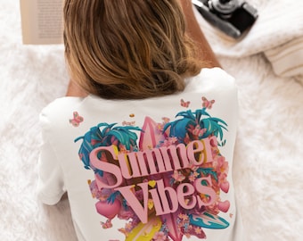 Unisex Summer Vibes T-shirt met tropisch rugdesign, perfect voor de zomer, het strand, leuke cadeau-ideeën en kleurrijke, frisse outfits.