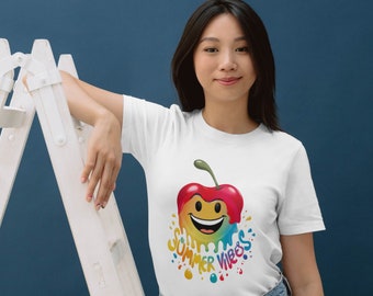 Unisex summer t-shirt “Summer Vibes” with smiling cherry, colorful and fun design, perfect fresh gift idea for the sunny season