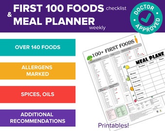 100 Babys erste Lebensmittel Tracker für die ersten 100 Lebensmittel des Neugeborenen Baby geführte Entwöhnung Lebensmittel Checkliste und wöchentliche Menüplaner Printables