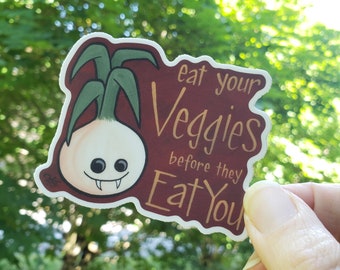 Eat Your Veggies -vinyl waterproof sticker, laptop, onion, vampire