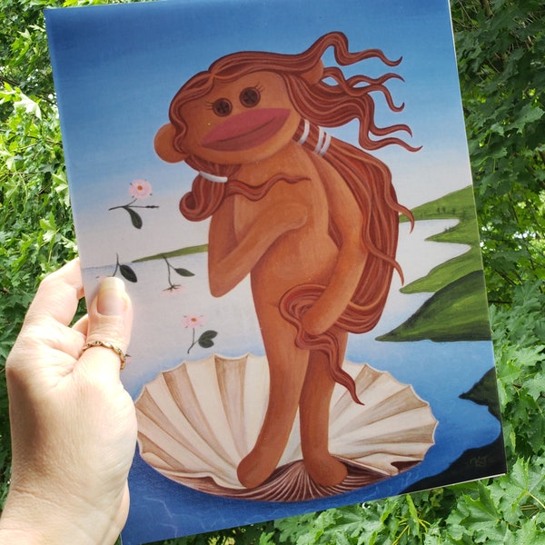 Sock Monkey Masterpiece "Birth of Venus" Botticelli parody -8.5" x 11" art print,