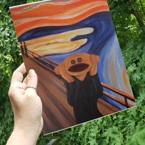 May include: A painting of The Scream by Edvard Munch, but instead of a person screaming, it is a brown sock puppet with button eyes.