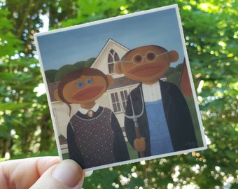 Sock Monkey American Gothic -vinyl waterproof sticker, laptop, Grant Wood parody