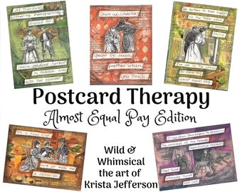 Postcard Therapy; Almost Equal Pay Edition -5 postcard set, collage art- mansplaining, patriarchy