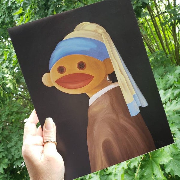 Sock Monkey Masterpiece parody of Vermeer's Girl with a Pearl Earring -8.5" x 11" art print