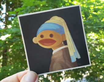 Sock Monkey Girl with a Pearl Earring -vinyl waterproof sticker, laptop, Johannes Vermeer parody