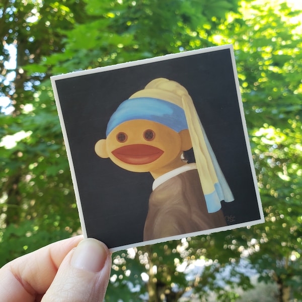 Sock Monkey Girl with a Pearl Earring -vinyl waterproof sticker, laptop, Johannes Vermeer parody