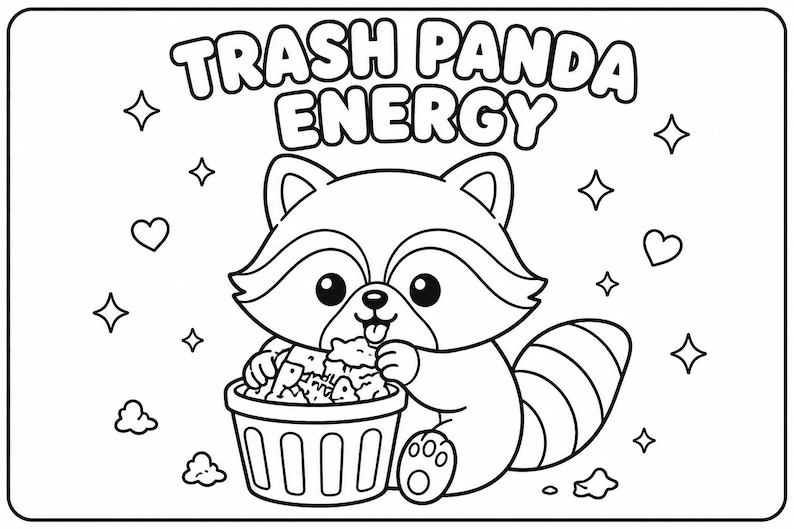 May include: Black and white illustration of a raccoon eating from a trash can. The text "TRASH PANDA ENERGY" is above the raccoon. Stars, hearts, and clouds are scattered around the raccoon.