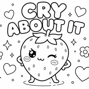 May include: Black and white illustration featuring a kawaii strawberry character winking and standing with arms akimbo. The text "CRY ABOUT IT" is above the strawberry. Hearts, stars, and flowers surround the strawberry.