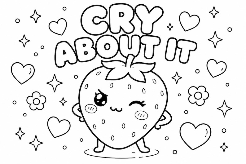 May include: Black and white illustration featuring a kawaii strawberry character winking and standing with arms akimbo. The text "CRY ABOUT IT" is above the strawberry. Hearts, stars, and flowers surround the strawberry.