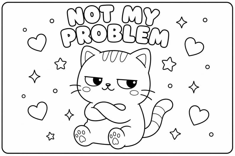 May include: Black and white illustration of a grumpy cat with crossed arms, surrounded by hearts, stars, and dots. The text "NOT MY PROBLEM" is above the cat. A cute, cartoon-style design.