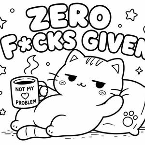 May include: Black and white illustration of a cat lounging on a pillow, holding a mug that reads "NOT MY PROBLEM." The image includes the text "ZERO F*CKS GIVEN" and decorative hearts and stars.
