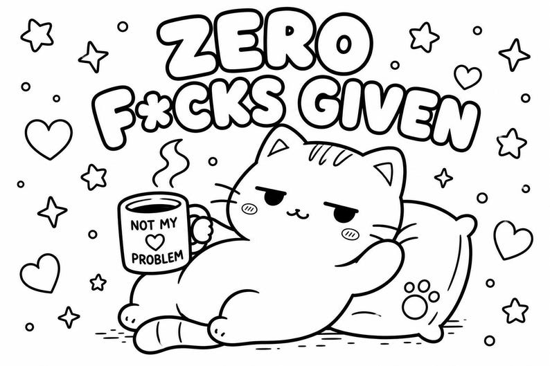 May include: Black and white illustration of a cat lounging on a pillow, holding a mug that reads "NOT MY PROBLEM." The image includes the text "ZERO F*CKS GIVEN" and decorative hearts and stars.