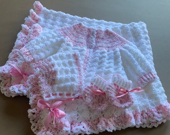 White Pink Baby blanket Set, Crochet White Baby Blanket, White Pink Baby Sweater, Handmade White pink baby girl sweater