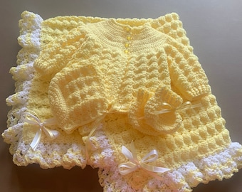 Yellow Baby Blanket, Yellow Baby Sweater, Crochet Baby Sweater and Blanket, Neutral baby blanket, handmade baby sweater set