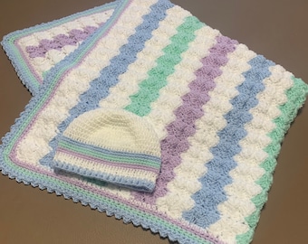 Handmade Neutral Baby Blanket and Hat, Crochet Nursery Blanket, Baby Boy Girl Shower Gift, Crochet baby Gift Set