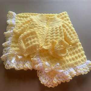 Yellow Baby Blanket, Yellow Baby Sweater, Crochet Baby Sweater and Blanket, Neutral baby blanket, handmade baby sweater set image 1