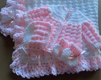 White Pink Baby Blanket Sweater Set, Handmade baby girl Sweater set, Crochet White baby Blanket, Baby Nursery Blanket, White Baby Sweater