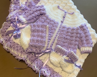 Handmade Purple White Baby Sweater Set and Blanket, Crochet Baby Girl Layette, Newborn Baby Girl Afghan and Sweater Set, White Baby Blanket