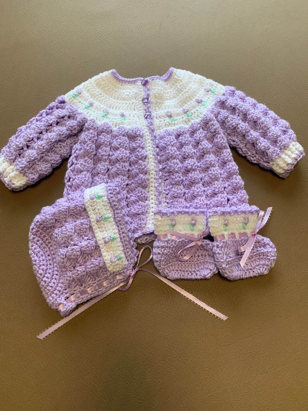 Purple Baby Sweater Set, Purple Newborn Sweater, Handmade Baby Sweater