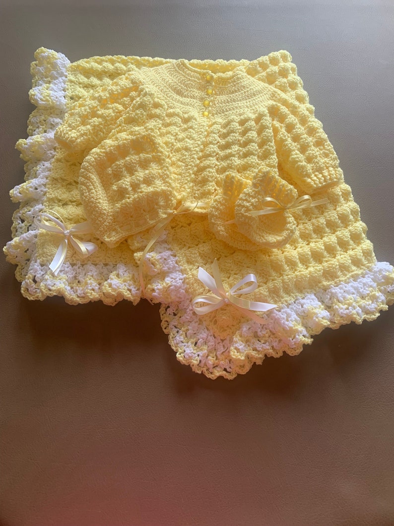Yellow Baby Blanket, Yellow Baby Sweater, Crochet Baby Sweater and Blanket, Neutral baby blanket, handmade baby sweater set image 1
