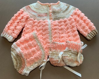 Baby Sweater, Baby Cardigan, Crochet Baby Sweater, Handmade baby Sweater, Peach Baby Sweater, Baby Girl sweater Set, Newborn gift