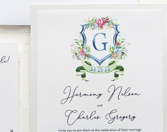 Handmade Watercolor Monogram Crest Wedding Invitations