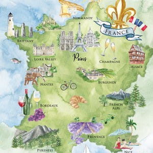 May include: Watercolor map of France with illustrations of landmarks, food, and activities. Includes the Eiffel Tower, champagne glasses, a croissant, and the text "France". A compass rose is in the lower left.