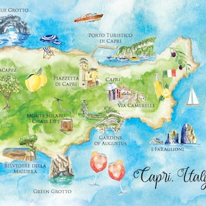 Puede incluir: Mapa en acuarela de Capri, Italia, con puntos de referencia como la Gruta Azul, los Jardines de Augusto y el faro de Punta Carena. Incluye ilustraciones de barcos, limones y el texto "Capri, Italy".