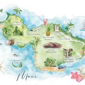 May include: A watercolour map of Maui, Hawaii, showing locations such as Ka'anapali Beach, Twin Falls, and Haleakala National Park. Includes illustrations of a turtle, dolphin, and pineapple. The word "Maui" is written in cursive.
