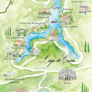 May include: Watercolor map of Lake Como, Italy, featuring landmarks like Villa del Balbianello, Bellagio, and Milan. The map includes the Ligurian Sea, Cinque Terre, and Milan Malpensa Airport, with the text "Lago di Como".