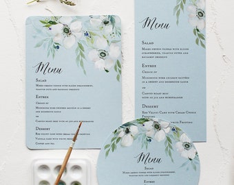 White Anemone Watercolor Flower Wedding Menu, Watercolor Wedding Menu - Soft Blue