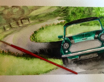 Mini Cooper Original Watercolor and Ink Painting