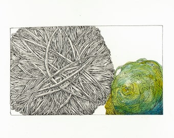 Limited Edition of Yarn Ink and Watercolor with Turquoise and Yellow