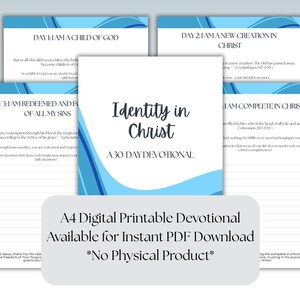 May include: A digital printable devotional titled "Identity in Christ: A 30 Day Devotional." The design features a white background with blue wave accents. The text includes daily themes like "I Am a Child of God" and "I Am Redeemed."