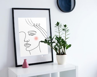 Woman Face Line Art with Soft Blush | Minimalist Abstract Wall Decor | Feminine | Neutral Print