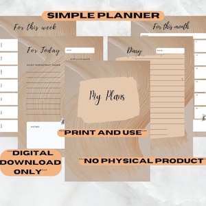 Puede incluir: Un planificador digital imprimible con un fondo de mármol beige y marrón. El planificador incluye secciones para "Para esta semana", "Para hoy", "Diario" y "Mis planes". El texto "IMPRIMIR Y USAR" y "DESCARGA DIGITAL SOLO" está incluido en el planificador.