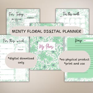 Minty Floral Digital Planner PDF Undated A4 Organizer | Daily, Weekly & Monthly Layouts image 1